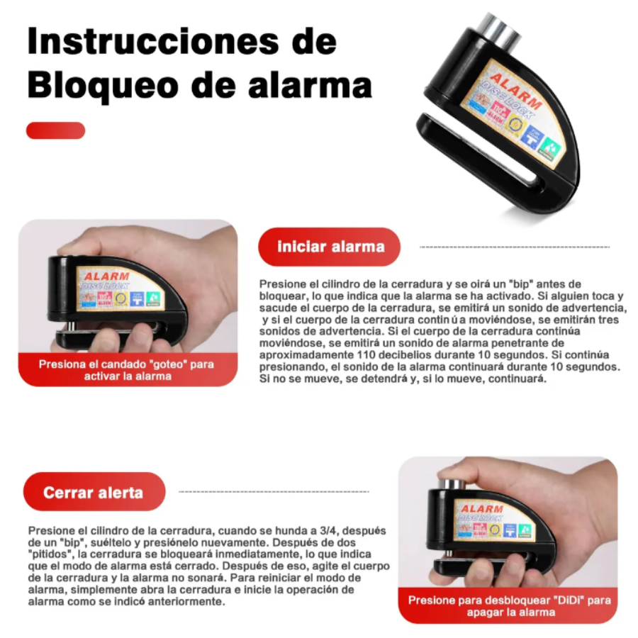 Candado de Alarma para Motocicleta – Bloqueo de Disco con Alarma